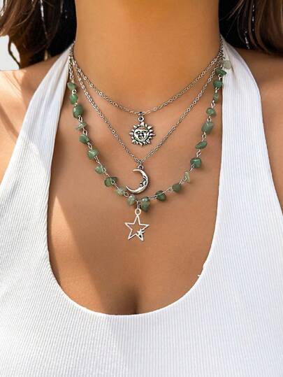 Fairycore 3pcs Set Simple Star, Moon & Sun Pendant Bead Chain Necklace