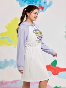 Nick 90s | SHEIN 大码休闲百搭卡通字母印花拼色插肩袖白色连帽连衣裙，女款，秋季 - 彩色 - 查看 6