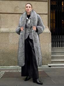 Anewsta Autumn Winter New Stylish Lady Faux Fox Fur Mid-Length Leather Jacket, Fashion Silver Fox Fur Coat For Women - Grey - View 6