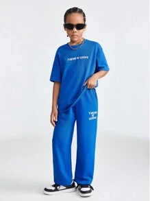 SHEIN Tween Girl Loose Fit Sports Round Neck Short Sleeve T-Shirt And Jogger Pants Set With Letter Print