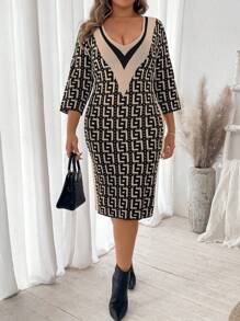 Flirla Plus Size Women Geometric Pattern V-Neck 3/4 Sleeve Fitted Elegant Knit Sweater Dress For Fall & Winter - Multicolor - View 4