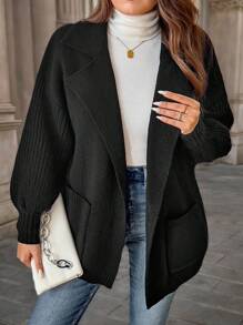 Calvaya Áo len cardigan tay đèn lồng màu đen cỡ lớn, thu đông - màu đen - Xem 6