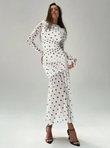 Aloruh 女式春夏荷叶边长袖黑白圆点紧身连衣裙