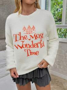 Trape Graphic Artist Women's White Crew Neck Long Sleeve Letter Christmas Tree Pattern Christmas Sweater, For Holiday, Vacation, Festival, Ibiza Fits - Beige - View 5