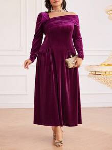 Modelyn Burgundy Red Plus Size Elegant Asymmetric Neckline Ruffle Waist Dress - Burgundy - View 4