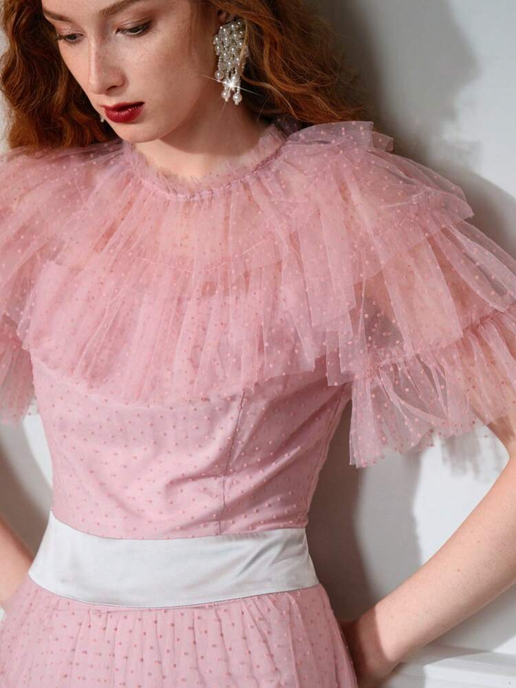 The Great Gatsby x MOTF DOBBY MESH LAYERED RUFFLE TRIM CONTRAST WAIST DRESS