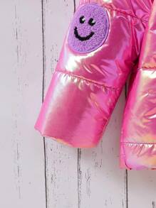 SHEIN 1pc Young Girls Casual Cute Pink Stitched Holographic Patch Zipper Coat Winter Warm - Pink - View 4