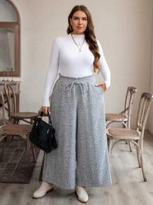 SHEIN LUNE Plus Size Casual Herringbone Wide Leg Pants, Autumn Winter Holiday - Multicolor - View 6
