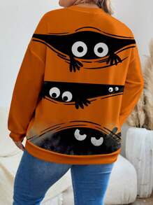 SHEIN LUNE Halloween Plus Size Women's Ghost Spider Orange Round Neck Loose Warm Sweater Pullover Suitable For Autumn And Winter
