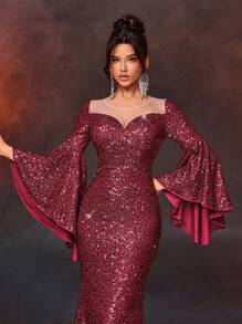 Glamrae Vestido de Festa Longo para Convidados de Casamento, Formatura, com Mangas Exageradas Flare, Gola Barco, Bainha em Cauda de Sereia, Bordô Elegante e Luxuoso, Brilho Exagerado - Vinho - Visão 2
