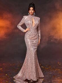 SHEIN Belle Elegant And Gorgeous Champagne Color Bright Sequins High Collar Chest Water Drop Hollow Long Sleeve Fishtail Type Gathered Hem Trailing Party Dinner Formal Evening Dress, Prom Gown, For Wedding Guest, Graduation