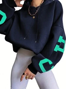 INAWLY 女式字母印花落肩宽松休闲连帽衫，秋冬，长袖上衣