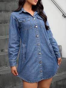 SHEIN Essnce Sukienka damska z długim rękawem i guzikami z przodu i kieszenią w jednolitym kolorze z dżinsu - Średni jeans - Zobacz 5