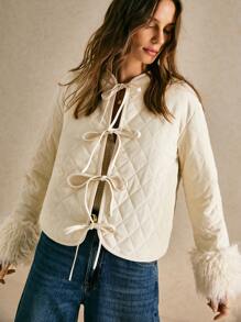 Poéselle Women's Solid Color Front Tie Long Sleeve Furry Cuff Loose Casual Winter Jacket - Apricot - View 3