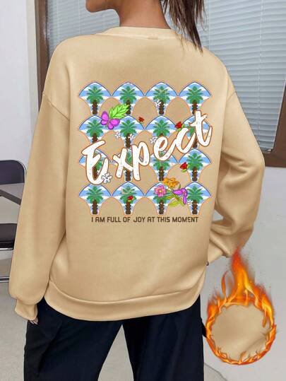 Mulvari Sudadera casual de mujer de otoño con diseño simple impreso, corte holgado, cuello redondo, manga larga, engrosada, para otoño e invierno, cómodo conjunto informal de sudadera