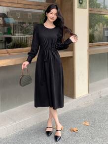 DAZY Women's Solid Color Crew Neck Long Sleeve Drawstring Dress, Spring And Autumn,Fall Women Clothes Maxi Dress - Black - View 6
