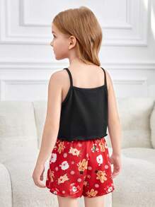 SHEIN 年轻女孩 2 件套圣诞姜饼印花吊带背心和短裤睡衣套装，舒适阻燃休闲家居睡衣，家庭装（4 套单独出售） - 黑色 - 查看 2