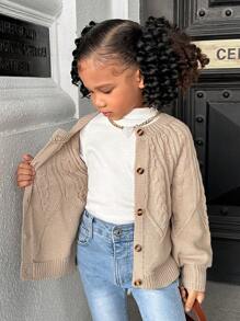 SHEIN 少女圆领泡泡袖修身休闲开衫秋冬 - 杏色 - 查看 4