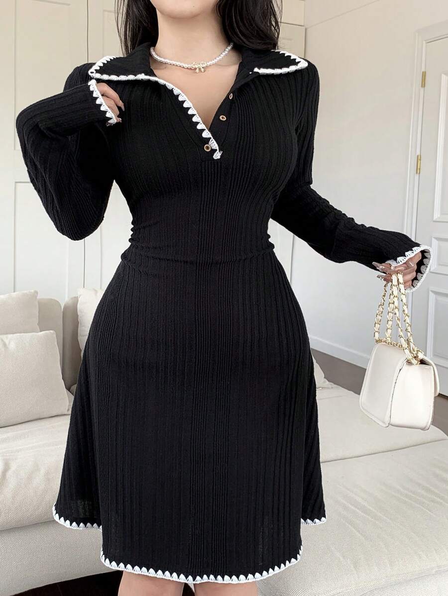 Feyla Women's Contrast Color Patchwork Front Button Long Sleeve Minimalist Short Dress - Black - View 1