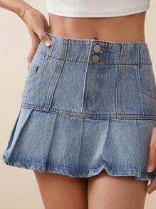 WESTFADE Premium Denim Low Waist Pleated 91% Cotton Mini Skirt - Light Wash - View 2
