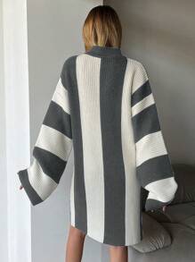 EURMUSE Women's Casual Colorblock Striped Flare Sleeve Ribbed Knit Sweater Dress, Fall/Winter - Grey - View 2