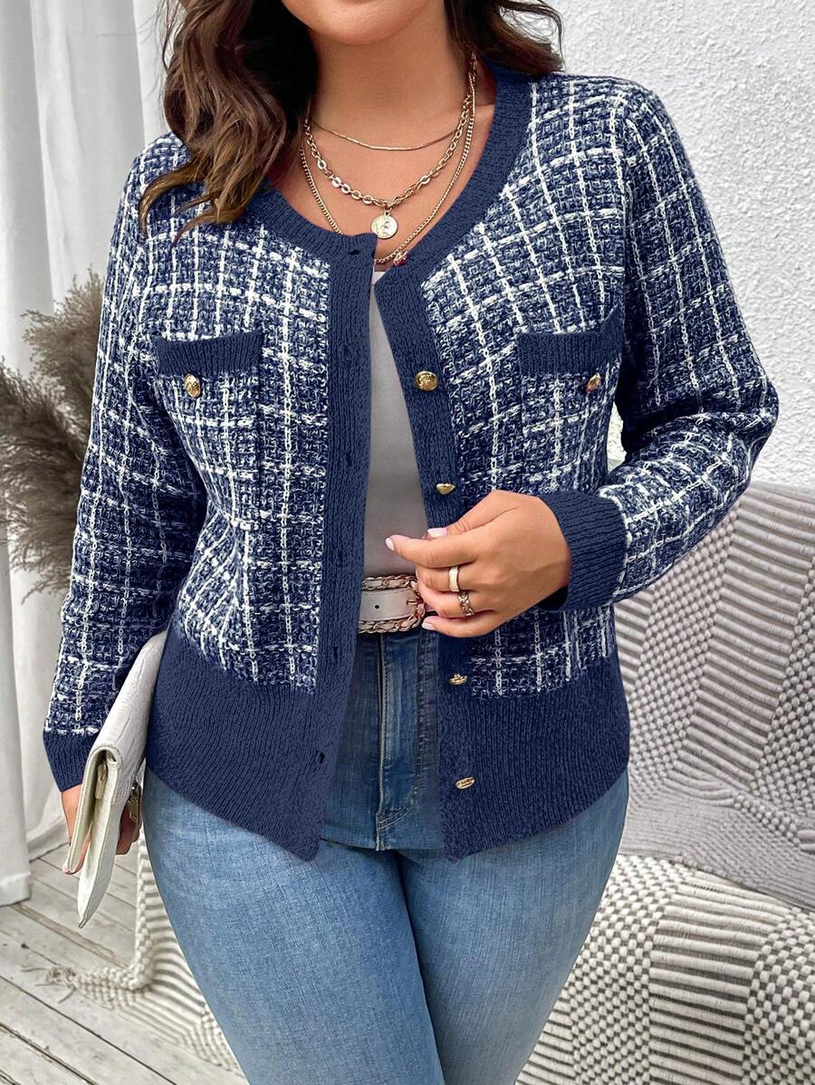 Celure 大码女式格子圆领长袖单排扣休闲开衫，秋冬 - 霧霾藍 - 查看 1