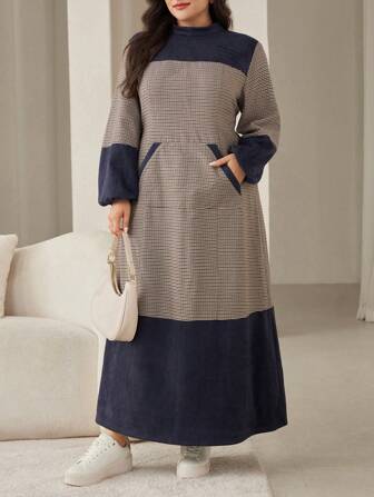 Mulvari Plus Size Colorblock Collar With Pocket Long Sleeve Dress