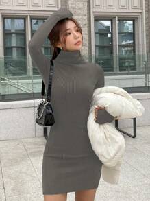 DAZY 女式纯色高领修身针织毛衣连衣裙，秋季服装 - 深灰色 - 查看 2