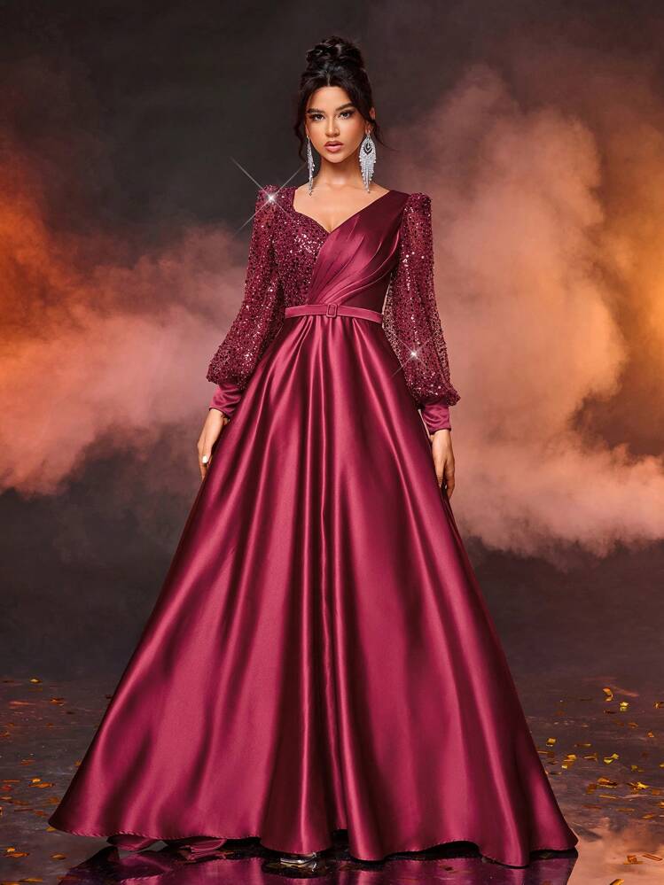 Glamrae 勃艮第红色优雅勃艮第红色透明长袖串珠亮片拼接缎面长裙，配有可拆卸腰带，适合婚礼、派对、度假、毕业典礼、舞会、新娘母亲 - 酒紅色 - 查看 7