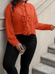 SHEIN Clasi Plus Size Women Spring/Autumn Solid Color Long Sleeve Ruffle Hem Elegant Blouse Women Shirt - Orange - View 6