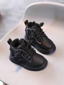 新款秋冬儿童靴子，休闲厚绒男童黄色踝靴，圆头幼儿和小孩鞋 - 黑色 - 查看 4