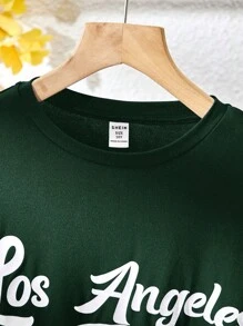 SHEIN Leap Crew Tween Boy Solid Color Sports Letter Print T-Shirt, White Pattern T-Shirt, Back To School Oversized T-Shirt, Shirts For Boys - Army Green - View 4