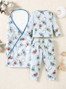 3pcs/Set Infant Baby Boys Comfortable Cute Koala Printed Long Sleeve Top And Pants Home Outfit With Swaddle Blanket - Multicolor - View 2