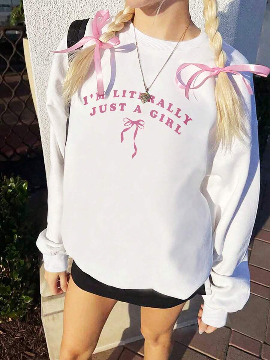 INAWLY Pink Letter & Bow Print Cute Pullover Sweatshirt - White - View 1