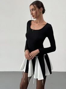 Aloruh Women's Elegant Sweet Bowknot Ribbon Decor Ruffle Trim Round Neck Mini Long Sleeve Dress - Black - View 6