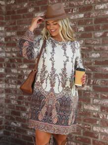 SHEIN LUNE Placement Print Round Neck Long Sleeve Plus Size Dress - Multicolor - View 1