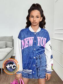 Tween Girl 拼色牛仔效果字母印花羊毛绒布保暖衬里前扣长袖外套，休闲棒球夹克 - 藍色 - 查看 4