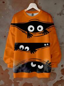 SHEIN LUNE Halloween Plus Size Women's Ghost Spider Orange Round Neck Loose Warm Sweater Pullover Suitable For Autumn And Winter