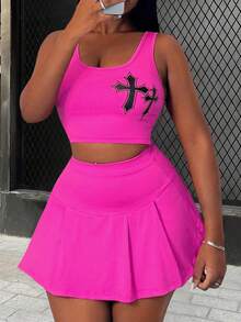 Slaydiva 2pcs 2024 New Leisure Vacation Pink Cross Print Pattern Sleeveless Stretchy Tank Top And Pleated Mini Skirt Set For Women