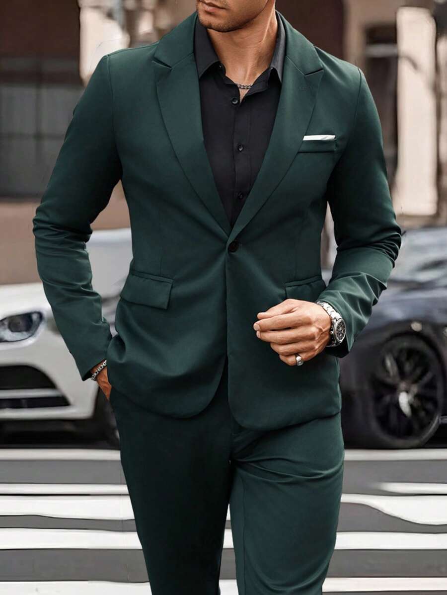 Manfinity Bizformal Men's Lapel Long-Sleeve Top And Classic Formal Long Pants Suit Set - Dark Green - View 1