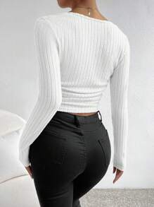 SHEIN EZwear Áo thun dài tay cổ vuông màu trơn cho nữ, mùa xuân và mùa thu - trắng - Xem 2