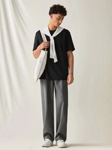 Manfinity VCAY Men's Casual Slim Fit Solid Color Woven Straight-Leg Trousers - Dark Grey - View 4