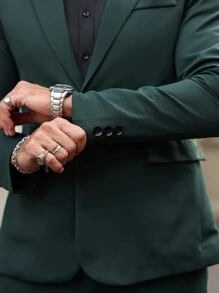 Manfinity Bizformal Men's Lapel Long-Sleeve Top And Classic Formal Long Pants Suit Set - Dark Green - View 4