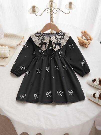 SHEIN 女婴蝴蝶结装饰长袖休闲连衣裙，秋冬