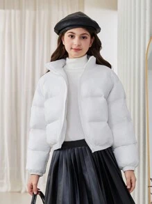 SHEIN Leap Crew Áo khoác đệm ngắn rộng rãi, cổ đứng dệt trơn dày dặn cho bé gái tuổi mới lớn - trắng - Xem 6