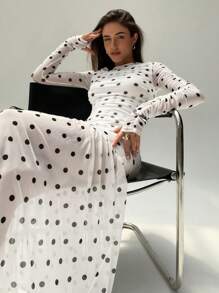 Aloruh 女式春夏荷叶边长袖黑白圆点紧身连衣裙