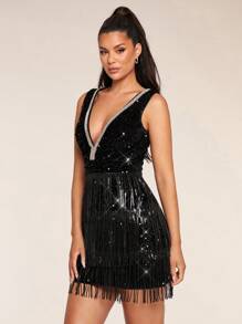 Glamine Vestido negro corto de lentejuelas con efecto patchwork, flecos en el bajo y sin mangas - Vestido elegante, sexy, para fiestas, baile de graduación o fiesta de vacaciones