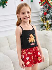 SHEIN 年轻女孩 2 件套圣诞姜饼印花吊带背心和短裤睡衣套装，舒适阻燃休闲家居睡衣，家庭装（4 套单独出售） - 黑色 - 查看 6