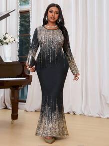 SHEIN Lady Spring And SummerAutumn And Winter Elegant Black  Knitted Mermaid Long  Long Sleeve Plus Size Dresses