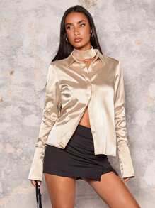 Glamine Women's Elegant Long Sleeve Solid Color Satin Blouse Fall Cloth For Women - Champagne - View 7